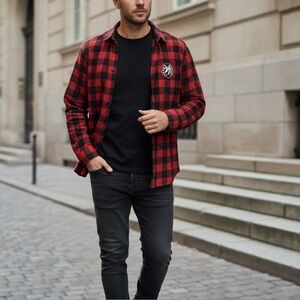 Frank & Oak Red and Black Checkered Men's Shirt